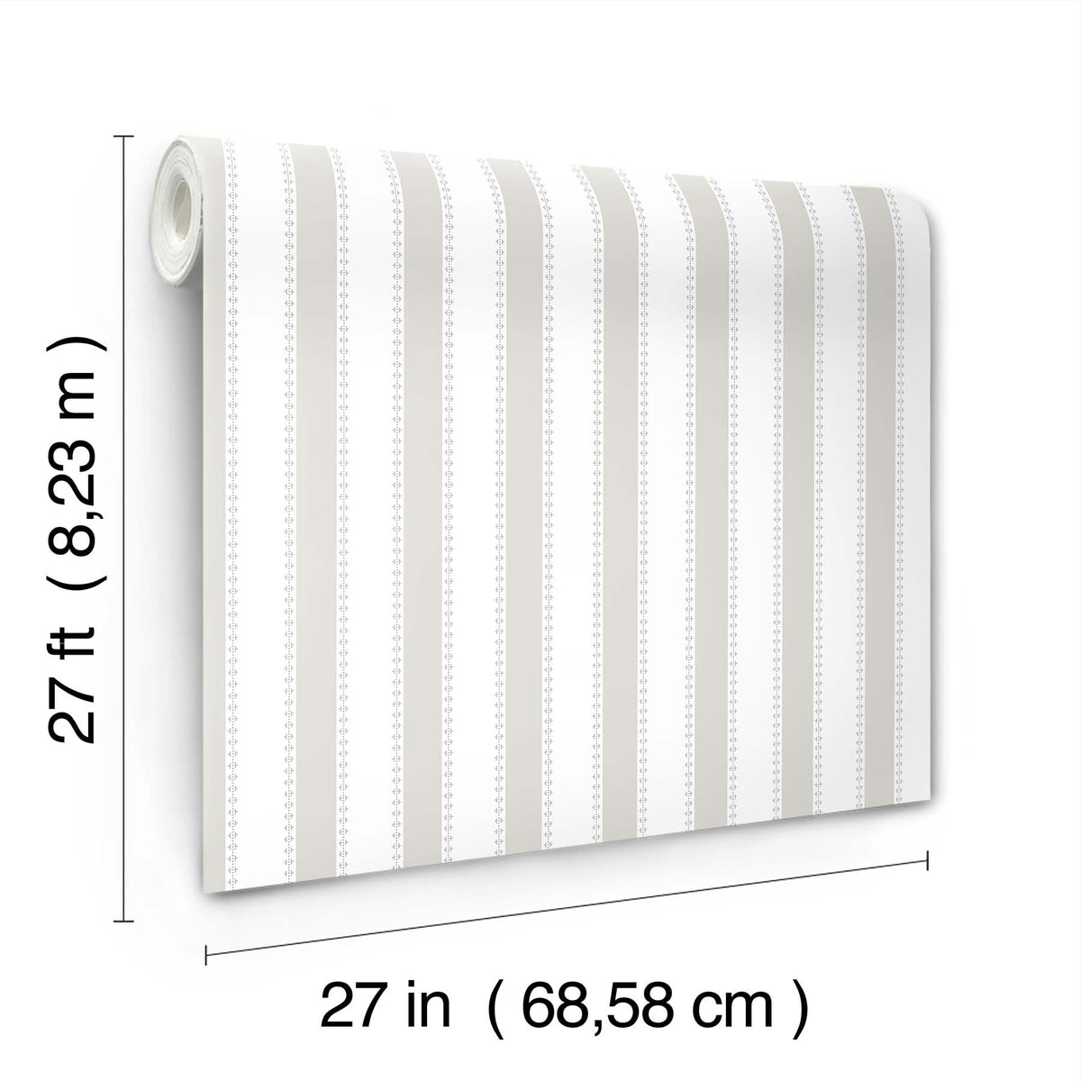 The Tilford Awning Stripe Wallpaper by York Wallcoverings features gray and white vertical stripes and comes in a roll measuring 27 feet (8.23 meters) long and 27 inches (68.58 centimeters) wide.