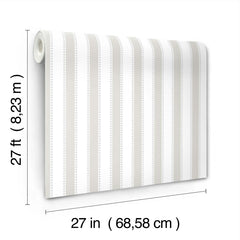 Introducing the Tilford Awning Stripe Wallpaper by York Wallcoverings, featuring vertical gray and white stripes and measuring 27 feet (8.23 m) in length and 27 inches (68.58 cm) in width per roll.