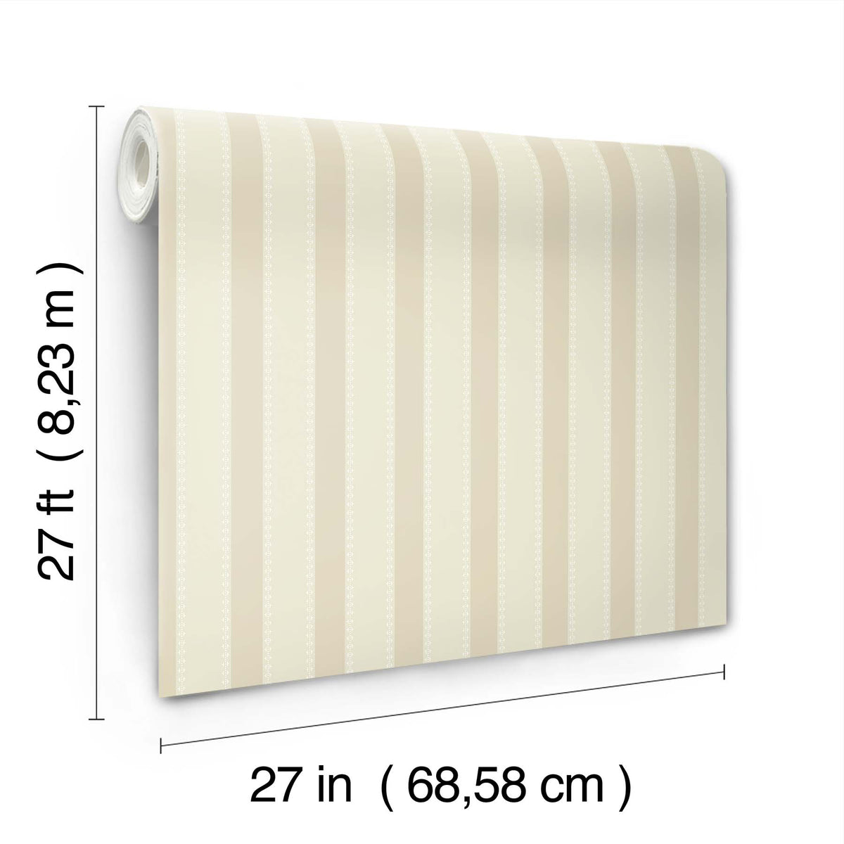 The Tilford Awning Stripe Wallpaper by York Wallcoverings is shown upright, featuring its beige striped design along with measurement labels indicating a length of 27 feet (8.23 meters) and a width of 27 inches (68.58 centimeters).