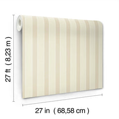 The Tilford Awning Stripe Wallpaper by York Wallcoverings is shown upright, featuring its beige striped design along with measurement labels indicating a length of 27 feet (8.23 meters) and a width of 27 inches (68.58 centimeters).