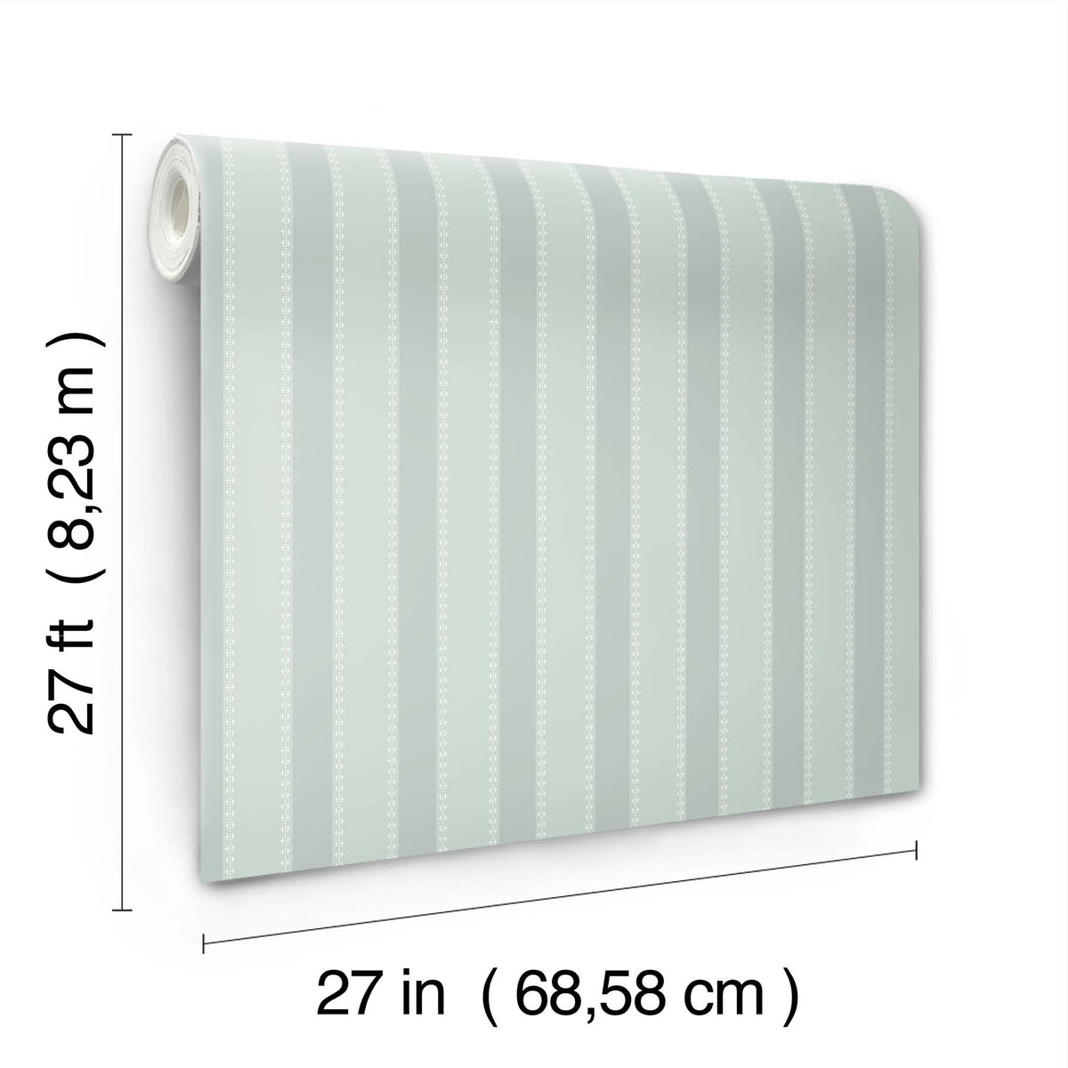 The Tilford Awning Stripe Wallpaper by York Wallcoverings features light blue and white vertical stripes. Each roll measures 27 feet (8.23 meters) in length and 27 inches (68.58 cm) in width.