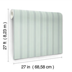 The Tilford Awning Stripe Wallpaper by York Wallcoverings features light blue and white vertical stripes. Each roll measures 27 feet (8.23 meters) in length and 27 inches (68.58 cm) in width.
