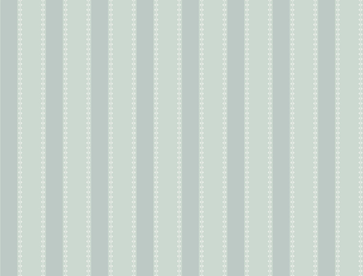Soft pastel blue and light gray vertical stripes alternate across the Tilford Awning Stripe Wallpaper by York Wallcoverings. Thin white lines adorned with small, evenly spaced floral patterns run down the center of each stripe, giving the design a subtle, vintage wallpaper feel.