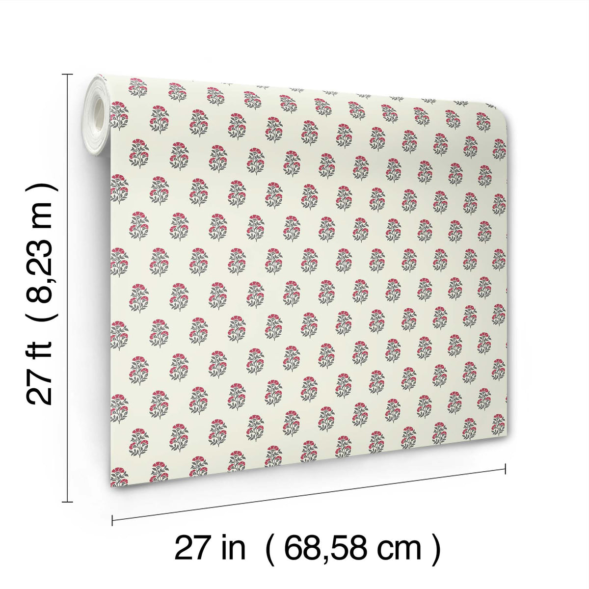 The Sylvie Floral Wallpaper by York Wallcoverings is displayed, featuring a repeating pink and green flower motif. The roll measures 27 feet (8.23 m) in length and 27 inches (68.58 cm) in width, with the dimensions clearly labeled.