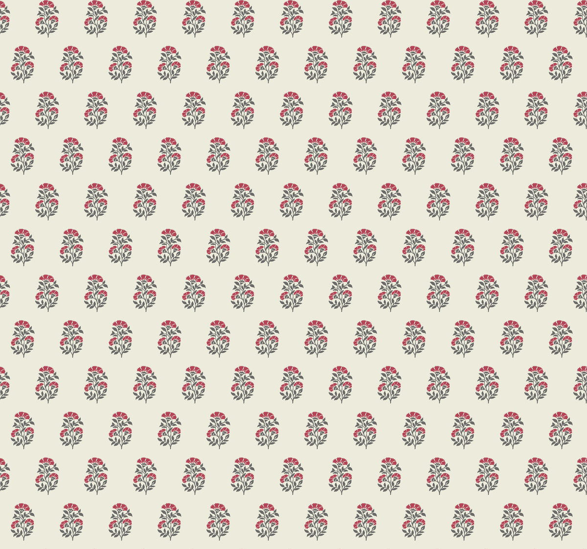 Sylvie Floral Wallpaper by York Wallcoverings features a repeating pattern of small red floral bouquets with green leaves set against a beige background. The flowers are evenly spaced to create a uniform and symmetrical design.