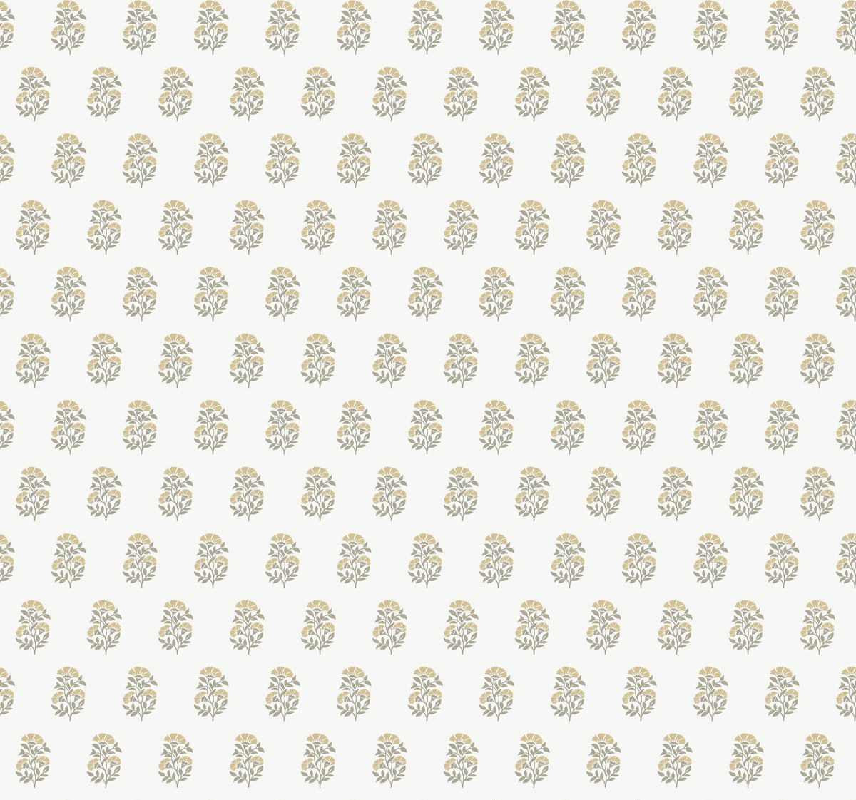 The Sylvie Floral Wallpaper by York Wallcoverings features a repeating pattern of small, stylized yellow and gray floral motifs, evenly arranged in rows and columns on a light beige background.