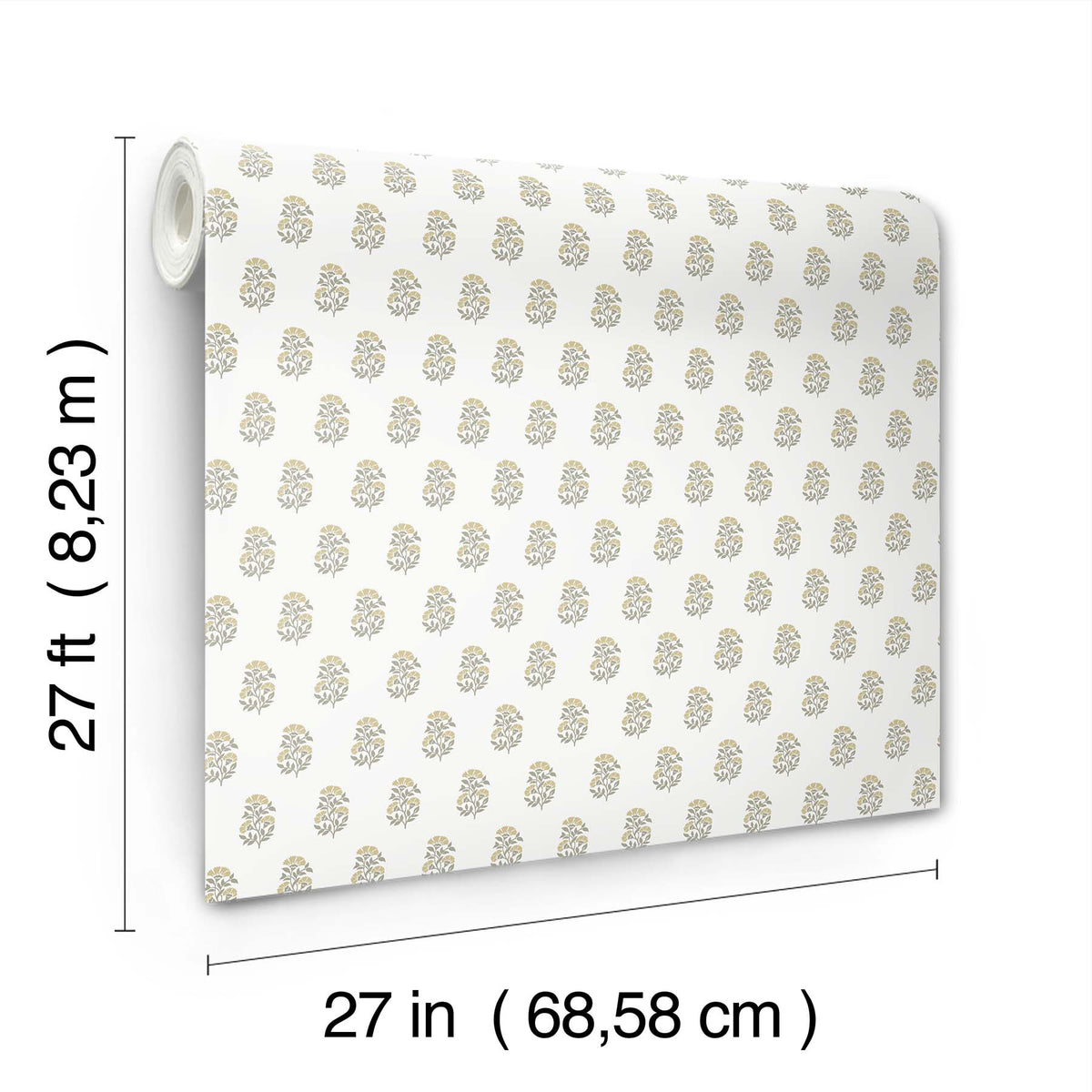 A roll of Sylvie Floral Wallpaper by York Wallcoverings, featuring a small floral pattern and measuring 27 feet (8.23 meters) in length and 27 inches (68.58 cm) in width.