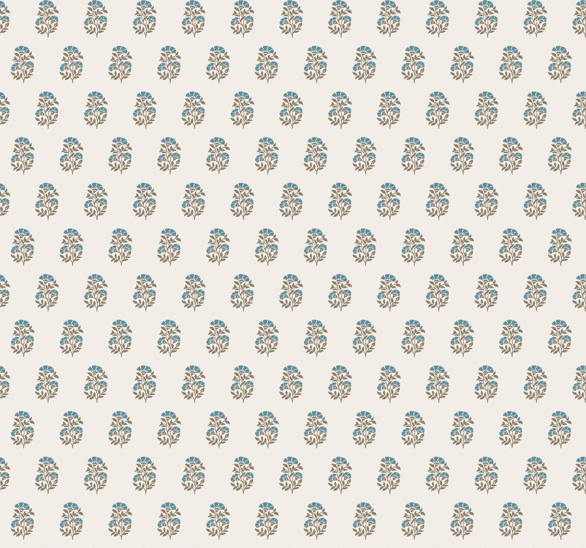The Sylvie Floral Wallpaper by York Wallcoverings features blue and beige floral motifs in a repeating grid pattern set against a light cream background.