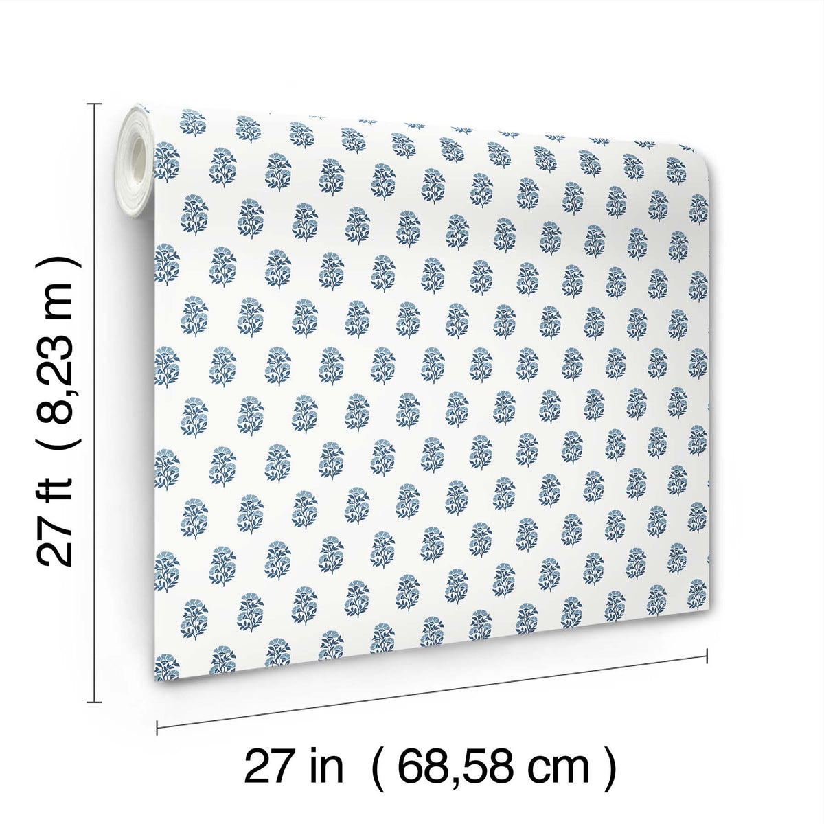 Introducing the Sylvie Floral Wallpaper by York Wallcoverings—a roll of white wallpaper adorned with a blue floral pattern, measuring 27 inches (68.58 cm) wide and 27 feet (8.23 meters) long.