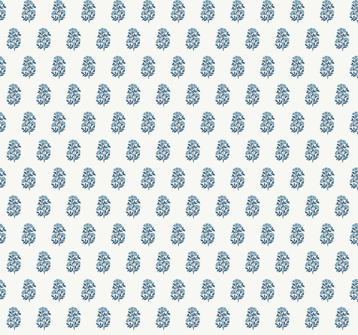 Sylvie Floral Wallpaper by York Wallcoverings features a uniform and symmetrical design of small blue floral motifs, evenly spaced across a crisp white background, creating a classic and decorative look ideal for wallpaper or fabric.