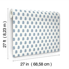 The Sylvie Floral Wallpaper by York Wallcoverings is displayed, featuring a blue floral pattern and measuring 27 feet (8.23 m) long and 27 inches (68.58 cm) wide.