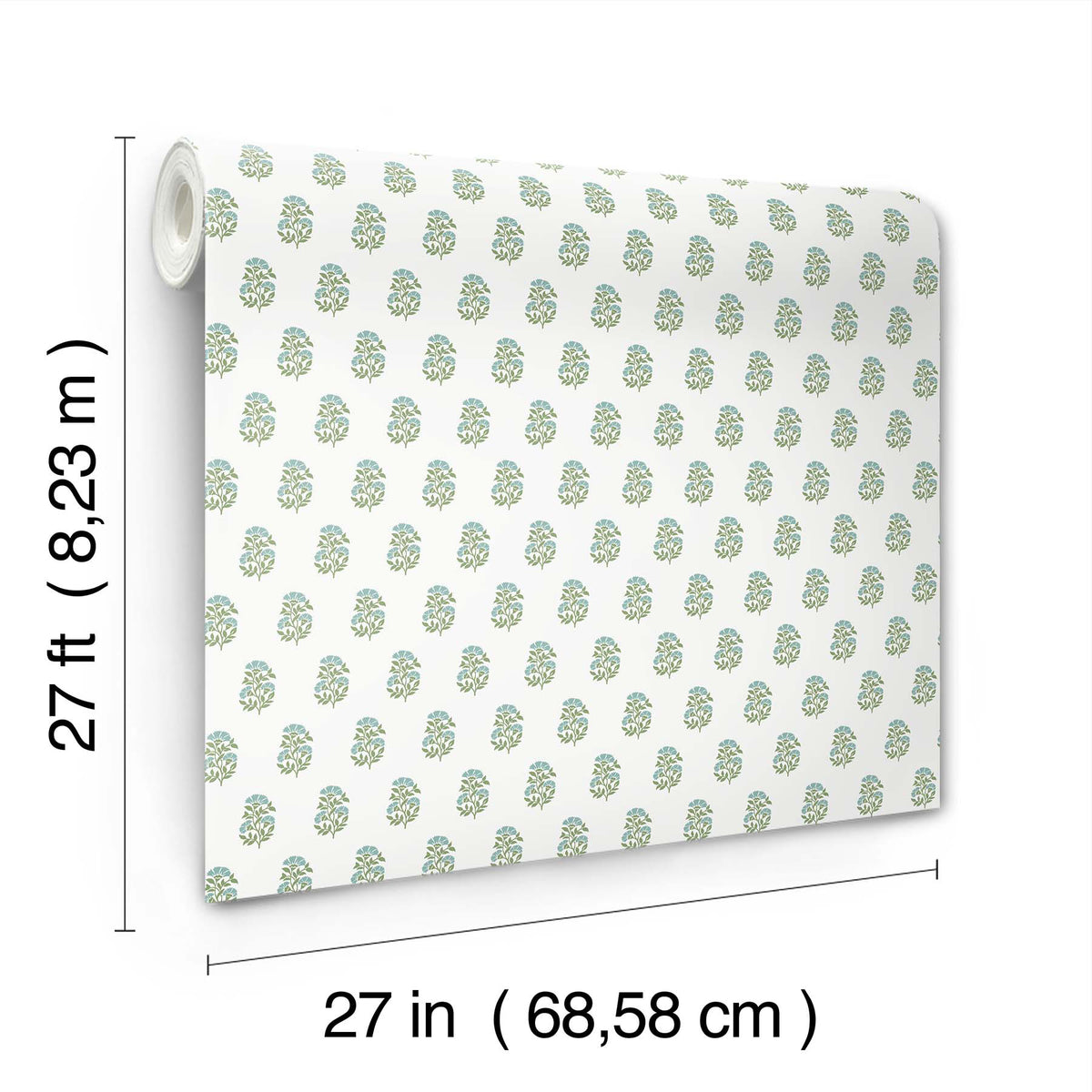 A roll of York Wallcoverings’ Sylvie Floral Wallpaper features a small floral pattern and measures 27 feet (8.23 m) in length and 27 inches (68.58 cm) in width.