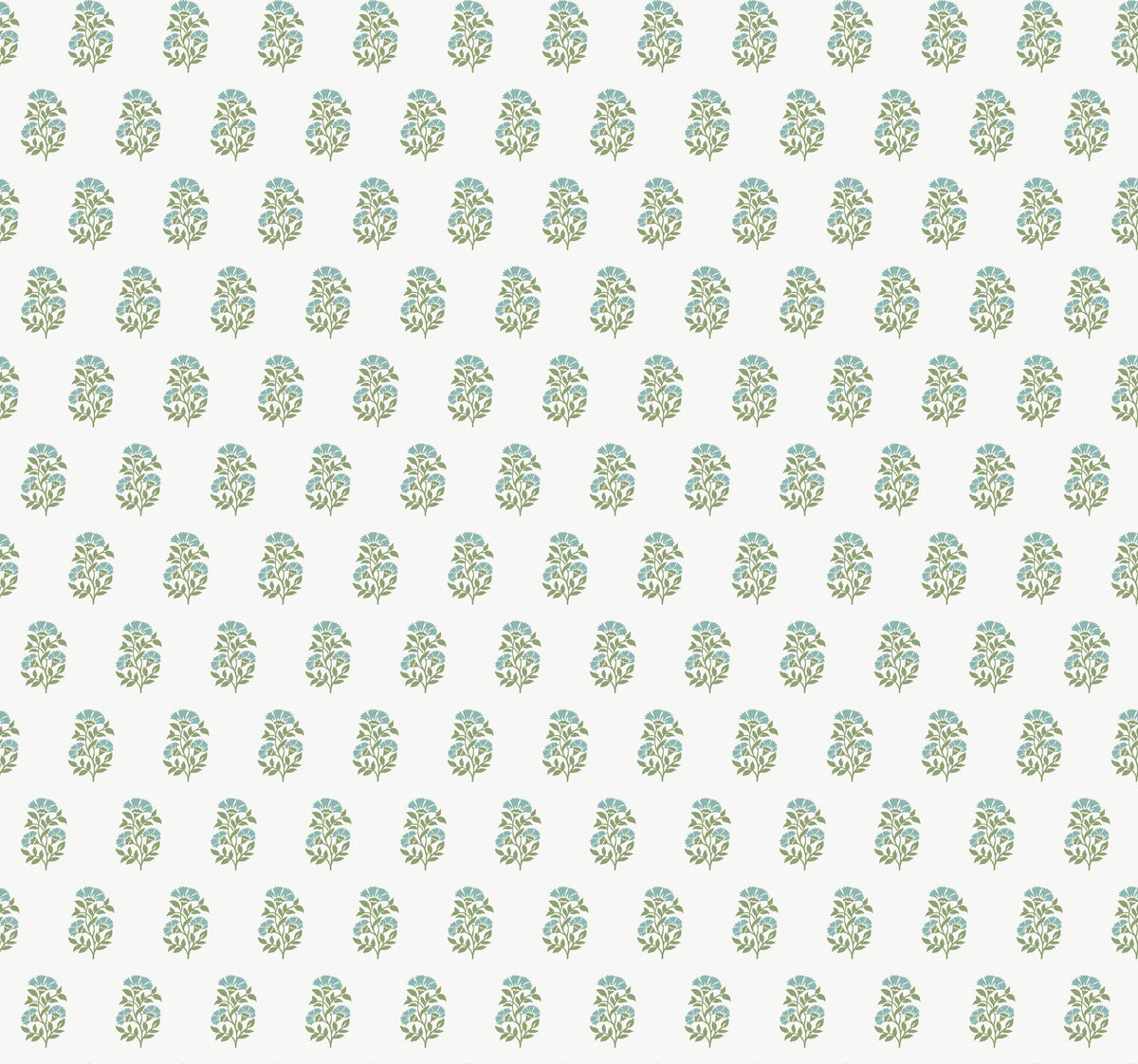 Sylvie Floral Wallpaper by York Wallcoverings features a repeating pattern of small, stylized blue and green floral bouquets arranged in neat, evenly spaced rows on a light background.