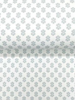 Brioni Floral Stamp Wallpaper by York Wallcoverings features a repeating pattern of light blue-gray four-petal floral motifs on a white background.