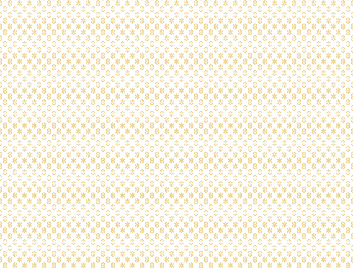 The Brioni Floral Stamp Wallpaper by York Wallcoverings features a seamless pattern of small, evenly spaced golden floral motifs on a white background, creating a delicate and elegant decorative design.