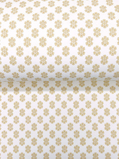 Brioni Floral Stamp Wallpaper by York Wallcoverings features a repeating pattern of small, gold-colored floral designs on a white background.