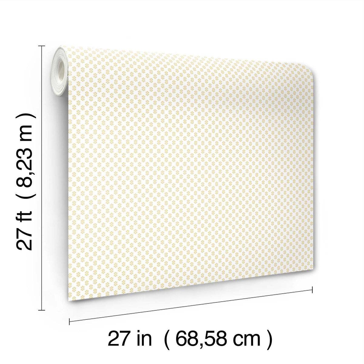 The Brioni Floral Stamp Wallpaper by York Wallcoverings, featuring a small yellow floral pattern, is displayed. The dimensions are labeled: 27 feet (8.23 m) in length and 27 inches (68.58 cm) in width.