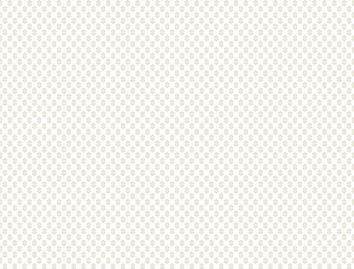 Brioni Floral Stamp Wallpaper by York Wallcoverings features a repeating pattern of small, gold, stylized floral motifs evenly spaced across a white background. The delicate design creates an elegant look, ideal for enhancing walls or fabric projects.