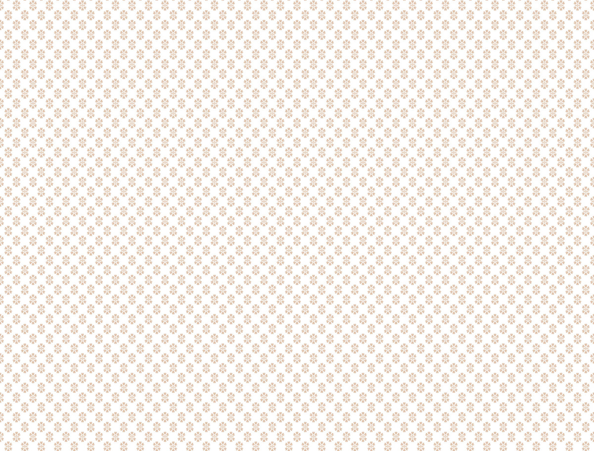 Brioni Floral Stamp Wallpaper by York Wallcoverings features a seamless pattern of small, light brown floral stamps evenly spaced on a white background.