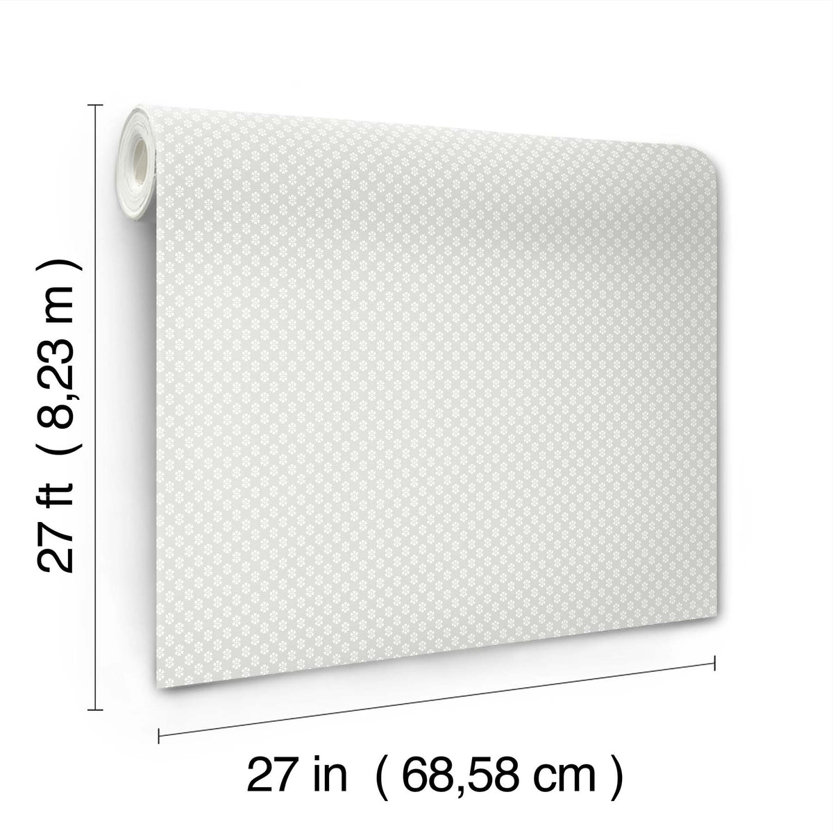 Here’s a revised version using the provided product data: The Brioni Floral Stamp Wallpaper by York Wallcoverings features a small white pattern on a light background and is displayed with measurements of 27 feet (8.23 meters) in length and 27 inches (68.58 centimeters) in width.