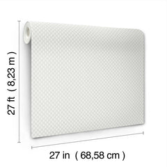 Here’s a revised version using the provided product data: The Brioni Floral Stamp Wallpaper by York Wallcoverings features a small white pattern on a light background and is displayed with measurements of 27 feet (8.23 meters) in length and 27 inches (68.58 centimeters) in width.