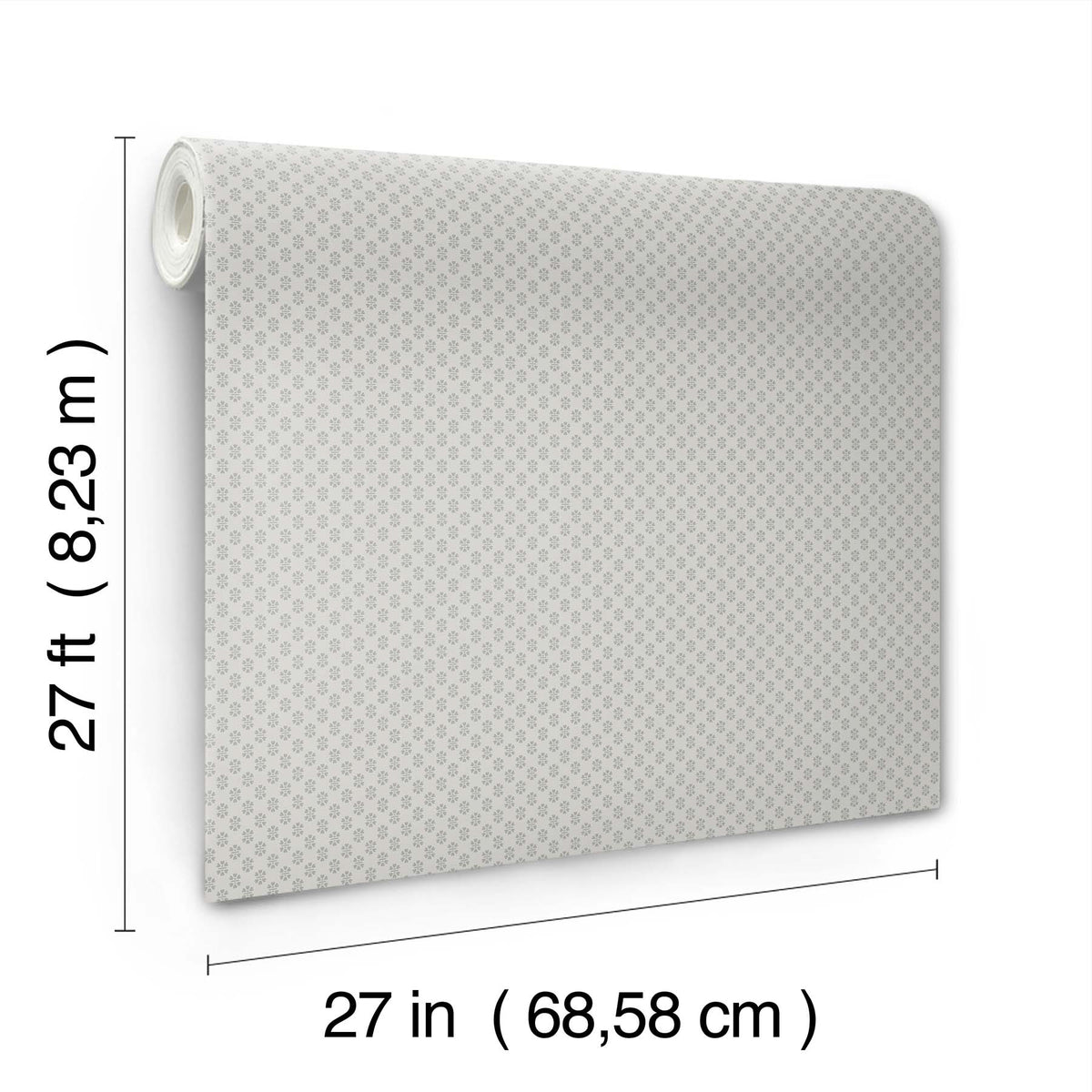 A roll of Brioni Floral Stamp Wallpaper by York Wallcoverings, measuring 27 feet (8.23 m) in length and 27 inches (68.58 cm) in width, is displayed against a white background with labeled dimensions.
