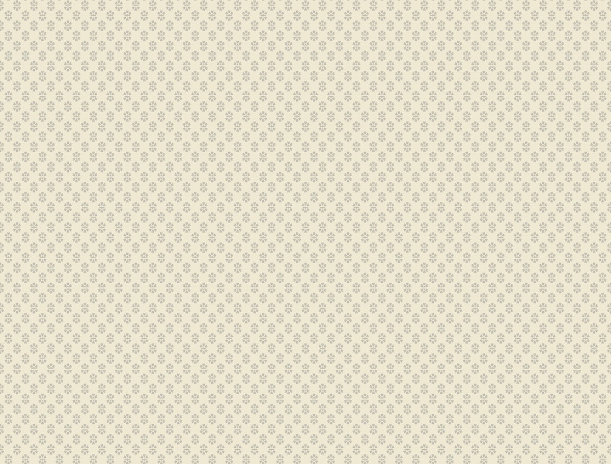 The Brioni Floral Stamp Wallpaper by York Wallcoverings features small, evenly spaced grey floral motifs on a light beige background for a subtle, vintage-inspired wallpaper effect.