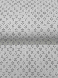Brioni Floral Stamp Wallpaper by York Wallcoverings features a repeating pattern stamped across a gray background. The wallpaper is shown unrolled, displaying the uniform floral design across its entire surface.