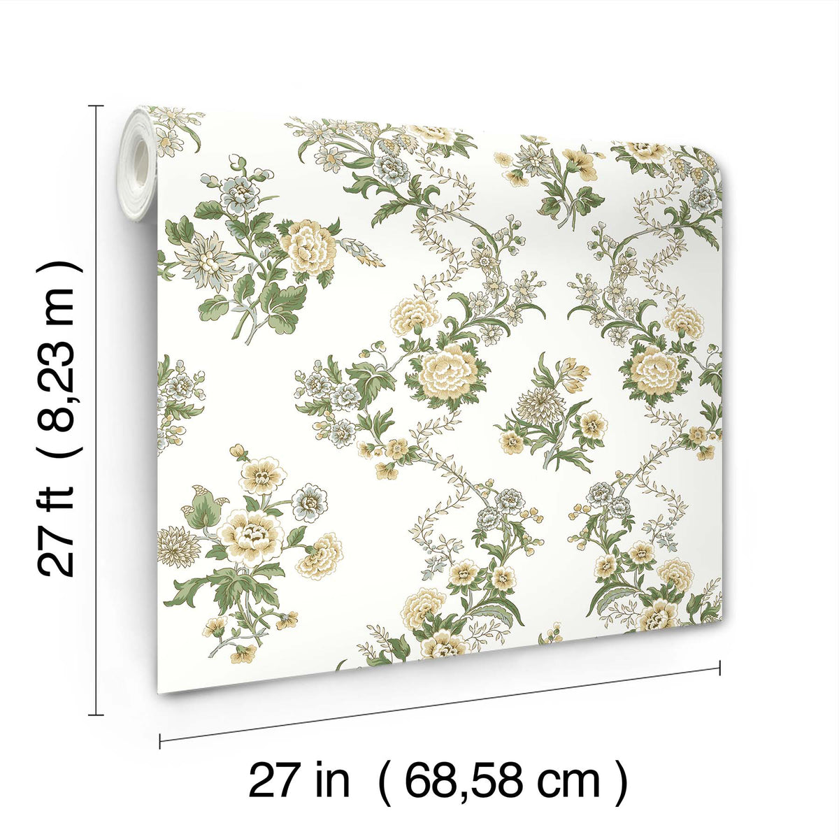 Genevieve Floral Trail Wallpaper by York Wallcoverings features a pattern of green and yellow flowers on a white background. Each roll measures 27 feet in length and 27 inches (68.58 cm) in width.