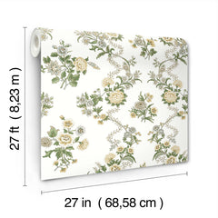 Genevieve Floral Trail Wallpaper by York Wallcoverings features a pattern of green and yellow flowers on a white background. Each roll measures 27 feet in length and 27 inches (68.58 cm) in width.