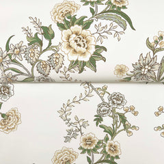 Genevieve Floral Trail Wallpaper by York Wallcoverings features a delicate, vintage-inspired botanical pattern in cream tones, showcasing green leaves and beige, white, and pale yellow flowers with intricate details, all beautifully arranged on a smooth white background.