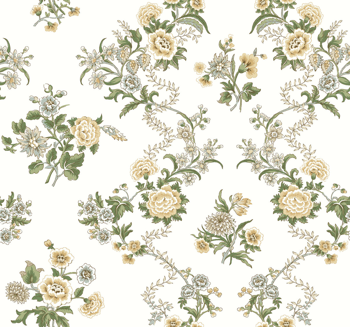 Genevieve Floral Trail Wallpaper by York Wallcoverings showcases an intricate, vintage-inspired floral pattern with beige and white flowers intertwined with green leaves and vines on a light background, creating an elegant and classic look.