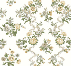 The Genevieve Floral Trail Wallpaper by York Wallcoverings features a seamless vintage floral pattern with cream and white flowers, green leaves, and vines on a light background, creating an elegant and classic decorative design.