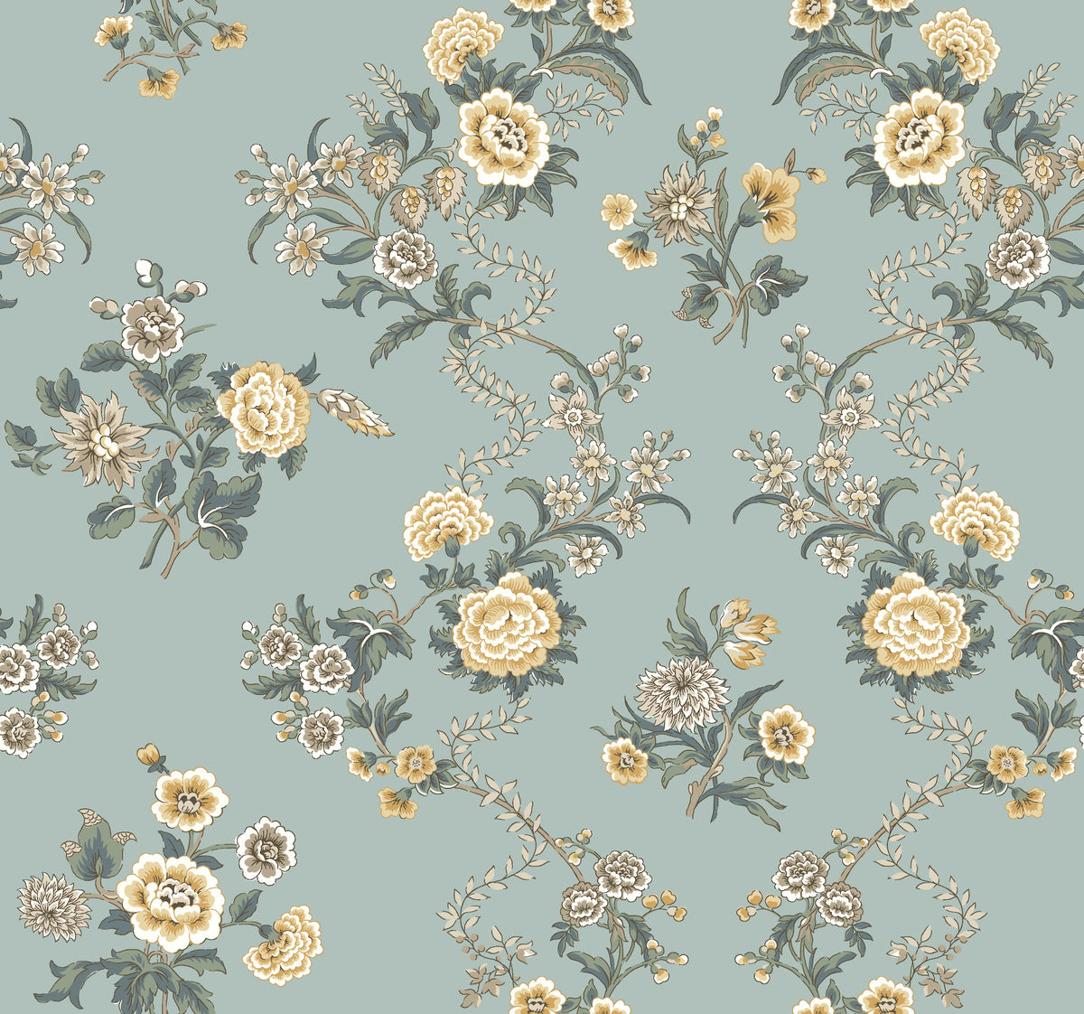 The Genevieve Floral Trail Wallpaper by York Wallcoverings features a seamless pattern of yellow, cream, and white flowers with green leaves and vines set against a muted blue-green background.