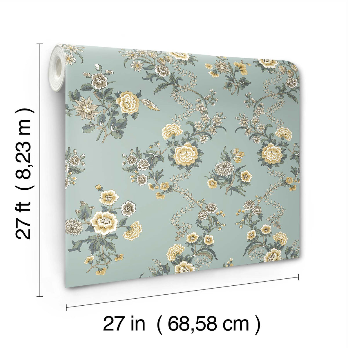 Genevieve Floral Trail Wallpaper by York Wallcoverings features a floral pattern in yellow, white, and gray on a light blue background. Each roll measures 27 feet long and 27 inches (68.58 cm) wide.