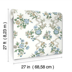 The Genevieve Floral Trail Wallpaper by York Wallcoverings is shown, featuring blue, yellow, and green flowers. The roll measures 27 feet (8.23 meters) long and 27 inches (68.58 cm) wide.