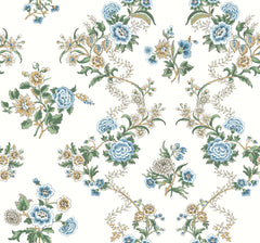 Introducing the Genevieve Floral Trail Wallpaper by York Wallcoverings, showcasing a vintage and ornate seamless pattern of blue, yellow, and white flowers intertwined with green leaves and delicate vines on a cream background.