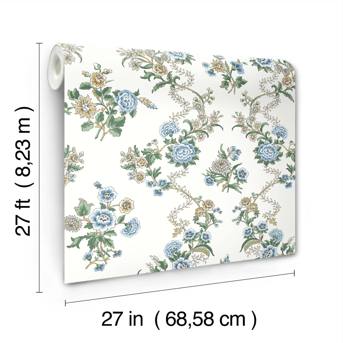 Genevieve Floral Trail Wallpaper by York Wallcoverings features a floral design in blue, green, and yellow hues, and comes in a roll measuring 27 feet long by 27 inches wide (8.23 meters by 68.58 cm).