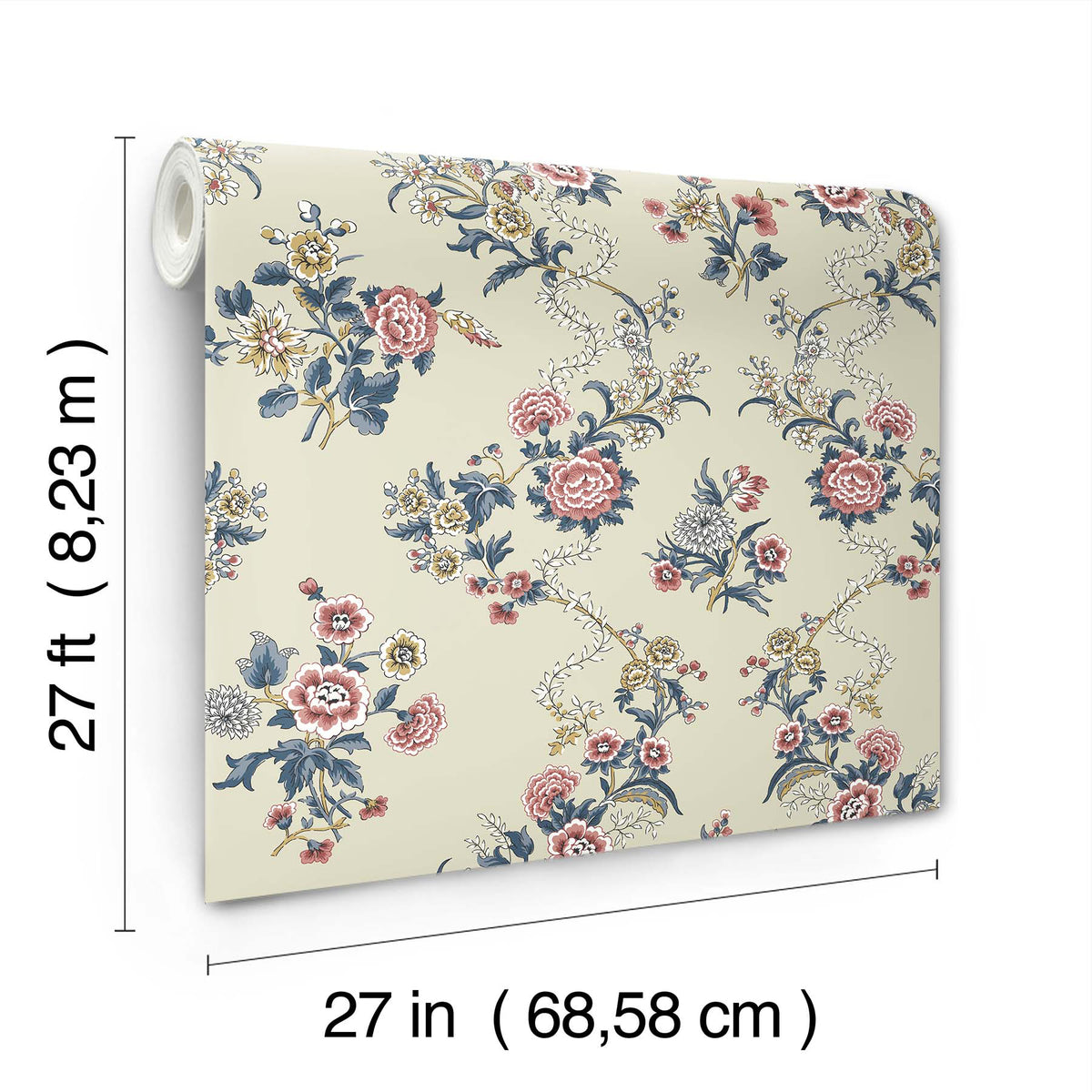 The Genevieve Floral Trail Wallpaper by York Wallcoverings features pink, blue, and yellow flowers on a cream background and comes in a roll measuring 27 feet by 27 inches (8.23 m by 68.58 cm).