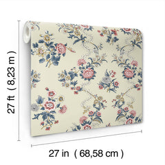 The Genevieve Floral Trail Wallpaper by York Wallcoverings features pink, blue, and yellow flowers on a cream background and comes in a roll measuring 27 feet by 27 inches (8.23 m by 68.58 cm).