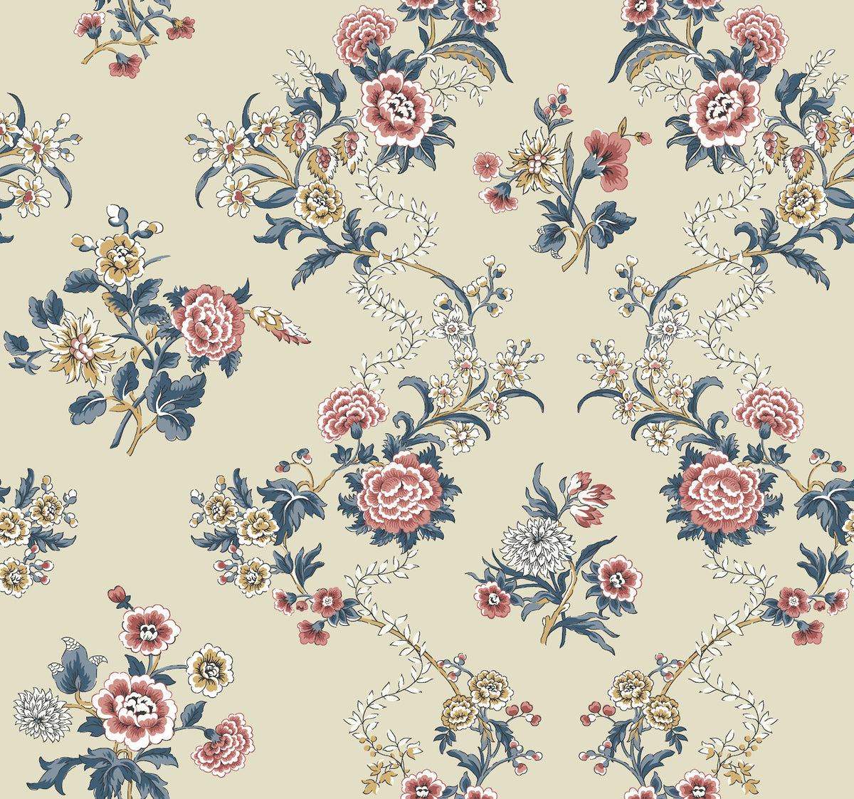 The Genevieve Floral Trail Wallpaper by York Wallcoverings features a beige background adorned with an ornate, vintage-inspired symmetrical floral pattern showcasing red, pink, white, and yellow flowers accented by green and blue leaves.