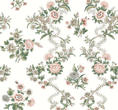 Enhance your space with the Genevieve Floral Trail Wallpaper by York Wallcoverings, featuring a seamless vintage pattern of delicate pink and white flowers, green leaves, and intricate vines on a light background for an elegant and classic look.