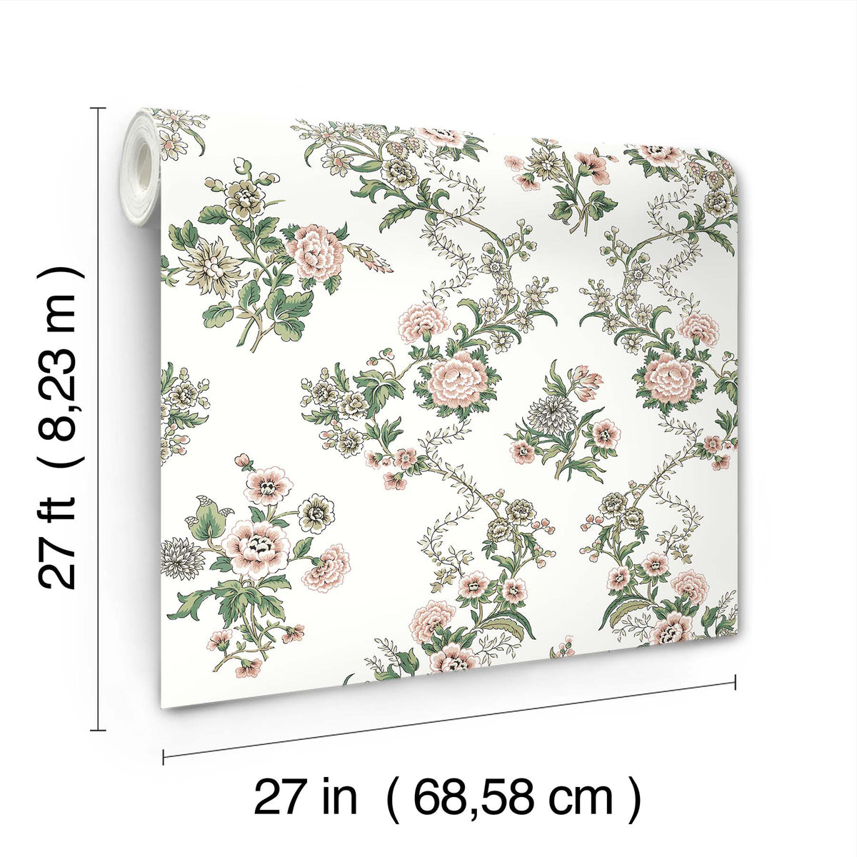 Genevieve Floral Trail Wallpaper by York Wallcoverings features a pink and green floral pattern and comes in a roll measuring 27 feet (8.23 m) long by 27 inches (68.58 cm) wide.