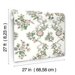 Genevieve Floral Trail Wallpaper by York Wallcoverings features a pink and green floral pattern and comes in a roll measuring 27 feet (8.23 m) long by 27 inches (68.58 cm) wide.