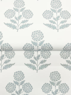 The Souci Marigolds Wallpaper by York Wallcoverings features a repeating pattern of light blue floral designs with leaves on a white background, with the flowers evenly spaced and aligned in horizontal rows.