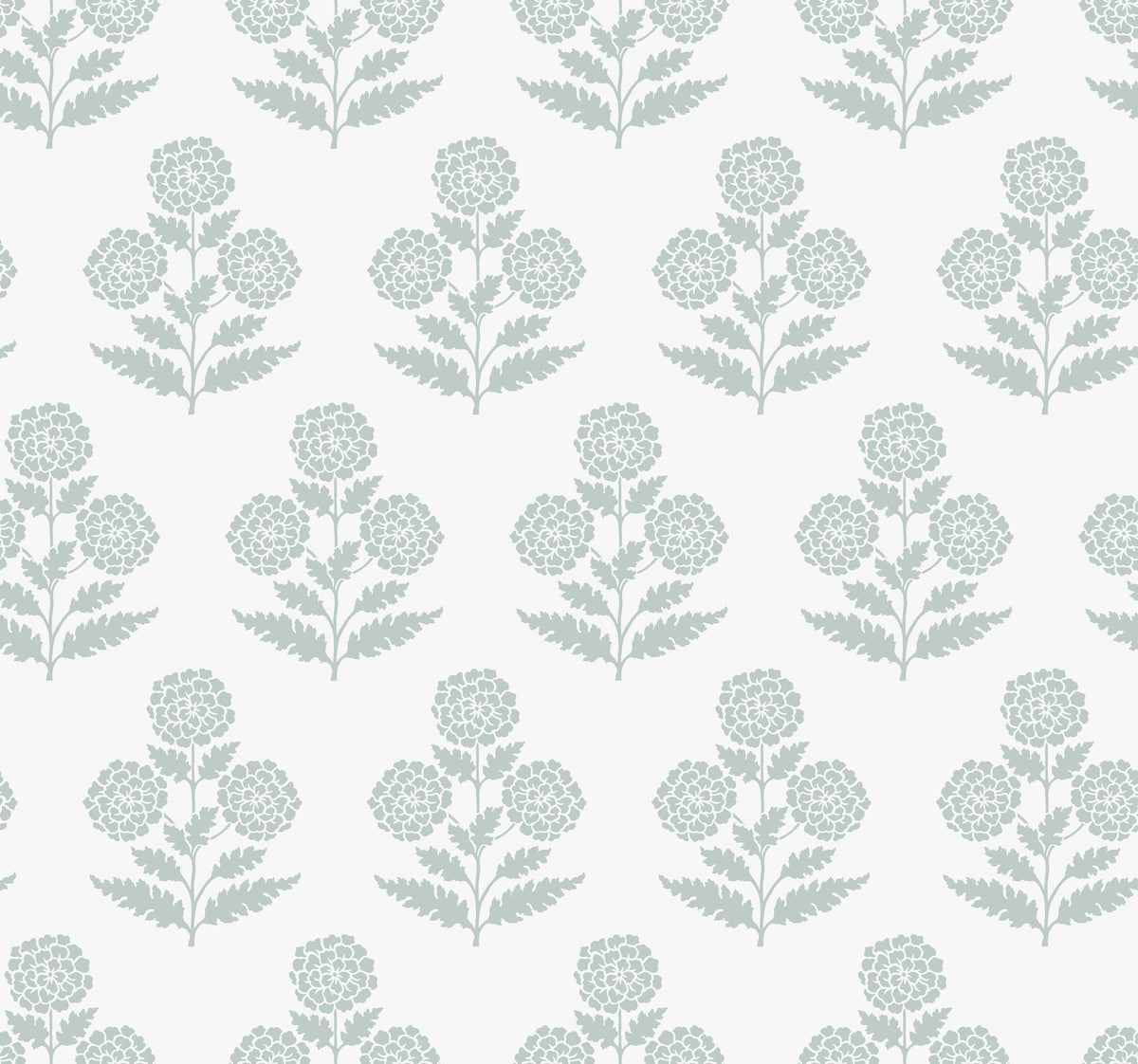 Souci Marigolds Wallpaper by York Wallcoverings features a seamless pattern of stylized light gray floral motifs with symmetrical blooms and leaves, evenly spaced on a white background. This design creates a repeating and elegant botanical look.