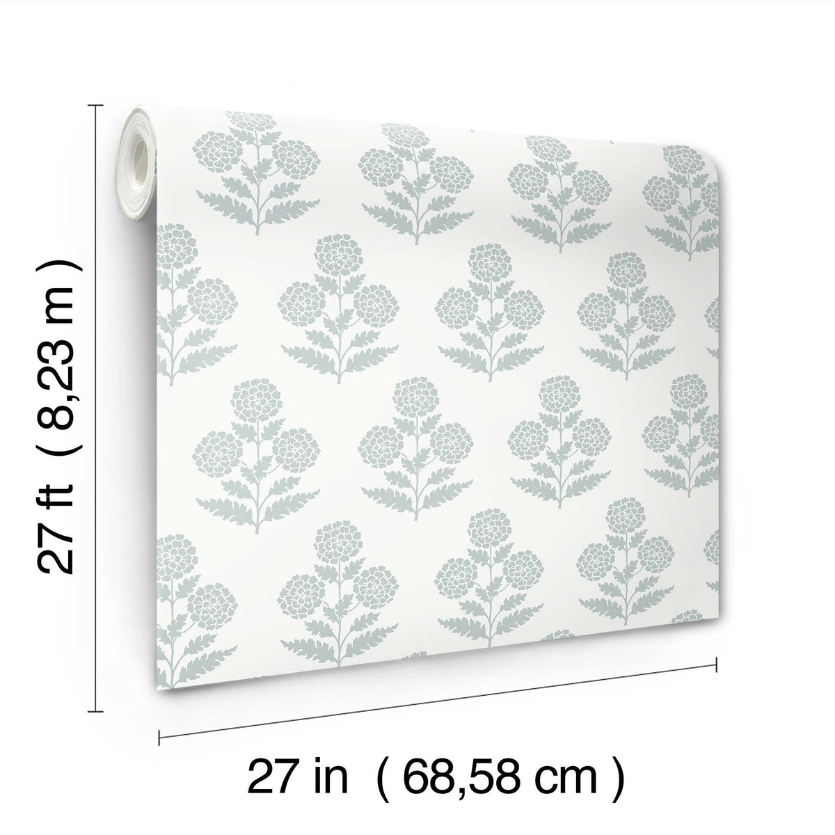 The Souci Marigolds Wallpaper by York Wallcoverings features a gray floral pattern. The roll measures 27 feet (8.23 meters) in length and 27 inches (68.58 cm) in width, and is displayed against a white background.