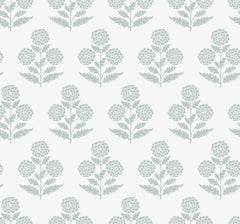 Souci Marigolds Wallpaper by York Wallcoverings features a repeating pattern of light gray stylized floral motifs with flowers and leaves on a white background, arranged in evenly spaced vertical and horizontal rows.