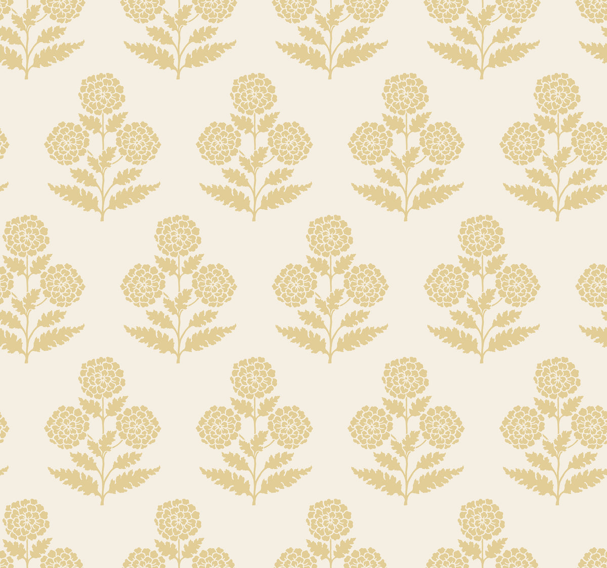 Souci Marigolds Wallpaper by York Wallcoverings features a seamless pattern of stylized yellow marigold flowers with leaves, evenly spaced across a cream background. This floral design repeats in tidy rows, bringing a classic, vintage-inspired charm to any space.