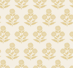 Souci Marigolds Wallpaper by York Wallcoverings features a seamless pattern of stylized yellow marigold flowers with leaves, evenly spaced across a cream background. This floral design repeats in tidy rows, bringing a classic, vintage-inspired charm to any space.